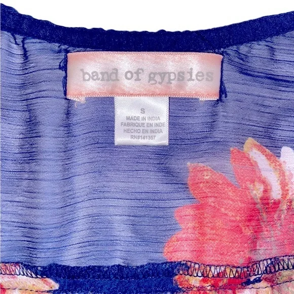 Band Of Gypsies Women's Navy Sheer‎ Pastel Floral Kimono Sleeve Duster Top Small - Picture 3 of 5
